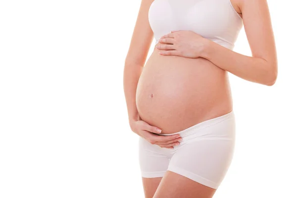 Afbeelding Van Zwangere Vrouw Haar Grote Buik Aan Raken Close — Stockfoto