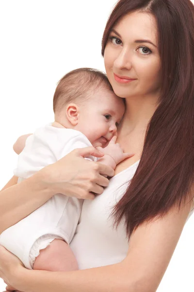 Portret Van Moeder Haar Kleine Kind Het Wit Gelukkig Familieconcept — Stockfoto