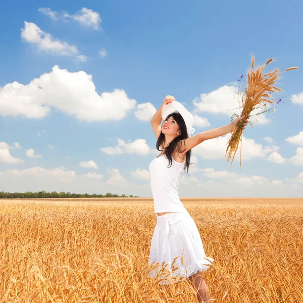 Happy Woman Enjoying Life Field Golden Wheat Nature Beauty Blue — Stock Photo, Image