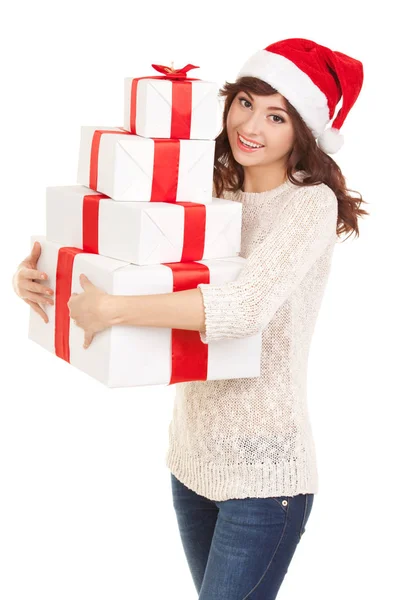 Happy Santa Woman Gift Boxes Isolated White Smiling Model Santa — Stock Photo, Image