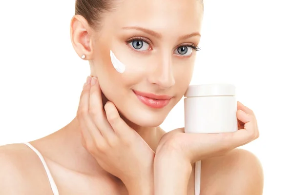 Cute Woman Applying Cream Her Face Care Beautiful Woman Skin — Stock Photo, Image