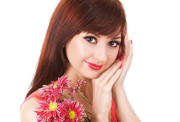 Cute Young Woman Flowers Care Beautiful Woman Skin Cosmetology Makeup — Stock Photo, Image