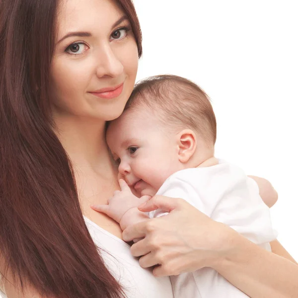 Portrait of mother and her little child in white. Happy family c — Stock Photo, Image