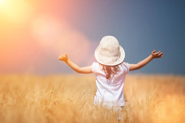 Happy girl walking in golden wheat, enjoying the life in the field. Nature beauty, blue sky and field of wheat. Family outdoor lifestyle. Freedom concept. Cute little girl in summer field — Stock Photo, Image
