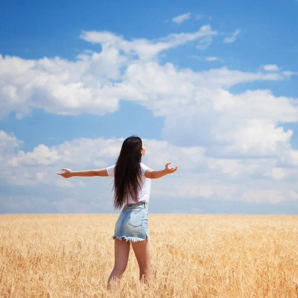 Glückliche Frau genießt das Leben auf dem Feld Naturschönheit, blauer bewölkter Himmel und buntes Feld mit goldenem Weizen. Lebensstil im Freien. Freiheitsbegriff. Frau im Sommerfeld — Stockfoto