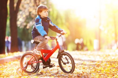 Sonbahar parkında bisikletli mutlu çocuk. Güneşli renklerde yeşillik arkaplan, sonbahar mevsiminde sarı ağaçlar ve yapraklar. Sonbahar açık hava yaşam tarzı. Çocuk sonbahar yapraklarında eğleniyor.
