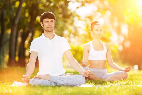 Parejas Yoga Hombre Mujer Haciendo Ejercicios Yoga Meditan Soleado Parque —  Fotos de Stock