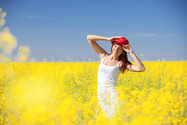 People Freedom Success Concept Happy Woman Field Flowers Sunny Day — Stock Photo, Image