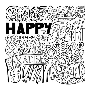 Büyük seyahat vektör tasarım kümesi, toplama yazı. El hat: güneş, dalga, mutlu, tatil, plaj, dinlenme, eğlence, kum, deniz, vibes, cennet, zevk, yaz, okyanus. Logo, afiş, parmak izi, kart için