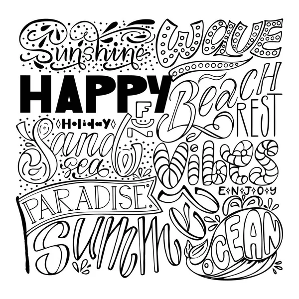 Big travel vector design set, lettering collection. Hand calligraphy: sunshine, wave, happy, holiday, beach, rest, fun, sand, sea, vibes, paradise, enjoy, summer, ocean. For logo, banner, prints, card — Stock Vector