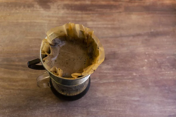 Top View Pour Drip Coffee Glass Container Wood — Stock Photo, Image