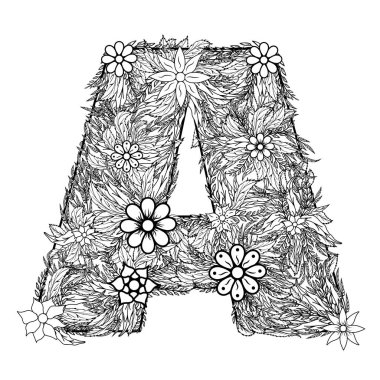 Mektup A. çizim Dudling, mandala. Alfabe dudling, alfabenin harfleri tarzında. Yapraklar, çiçekler dallar çizim.