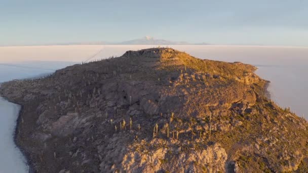 Flyg Incahuasi Island på Uyuni salar. Söder om Bolivia. — Stockvideo