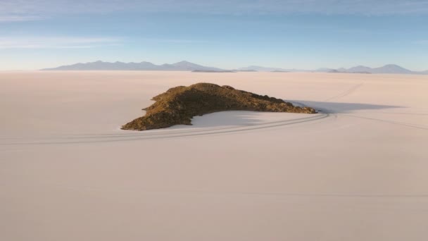 Aerial Incahuasi Island op Uyuni salar. Zuid-Bolivia. — Stockvideo