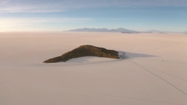 Aerial Incahuasi Island on Uyuni salar. South of Bolivia. — Stock Video