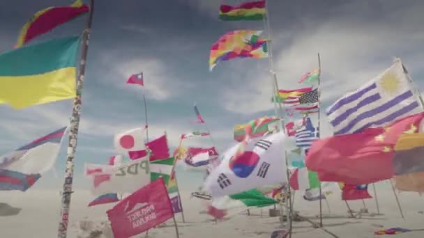ボリビアのウユニ・サラールにおけるアンデスとボリビアの旗としてのダカール世界旗. — ストック動画