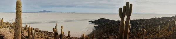 Pano de sol toma de captus y el desierto salar de Uyuni. Sur de Bolivia. — Foto de Stock