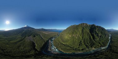 Aerial 360 Pano landscape of Osorno Volcano and Falls of Petrohue - Puerto Varas, Chile, South America. clipart
