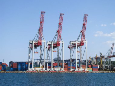 Rıhtım kenarındaki portal konteyner işleyicileri bir konteyner gemisiyle çalışmaya hazır