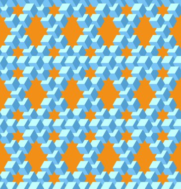 Pentrose Üçgeni 'ne dayalı vektör, kusursuz, biçimlendirilmiş desen. Turuncu ve Mavi Renklerin karışımı. Fiziksel olarak İmkansız Seçenek ve Optik İlizyon. Tasarım Çözümlerinde Kullanılabilir