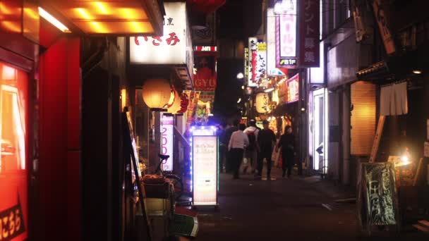Ιαπωνικά νέον Διοικητικό Συμβούλιο τη νύχτα στο κέντρο της πόλης — Αρχείο Βίντεο