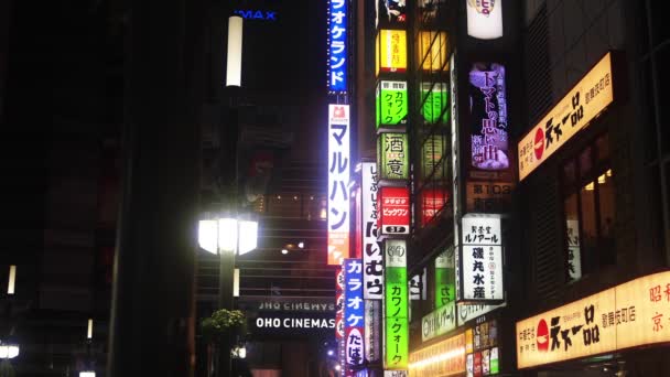 Japanische Leuchtreklame bei Nacht in der Innenstadt — Stockvideo