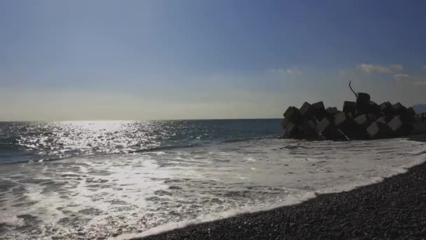 Onda perto de praia de areia em Shizuoka tiro largo, incluindo espaço de cópia — Vídeo de Stock
