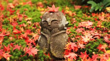 Heykel Sakyo bölgesinde Kyoto Enkouji Tapınağı'nda üst kısmında kırmızı yaprakları