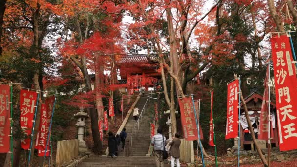 Hojas rojas en otoño en Bishamondou en el distrito de Yamashina en Kyoto tiro ancho — Vídeos de Stock