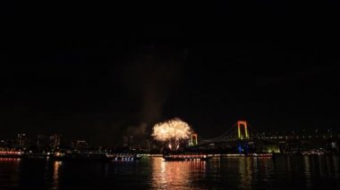 Gökkuşağı Köprüsü Odaiba Tokyo yakınlarında havai fişek