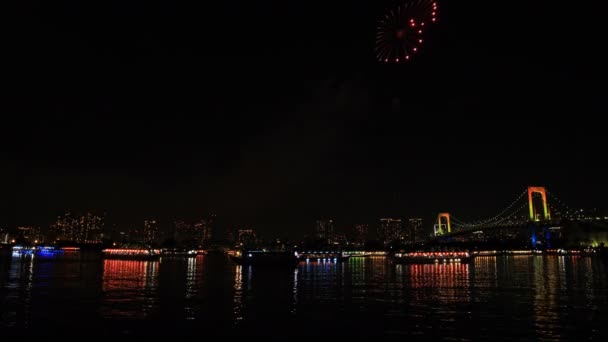 Fireworks near Rainbow bridge at Odaiba Tokyo — Stock Video