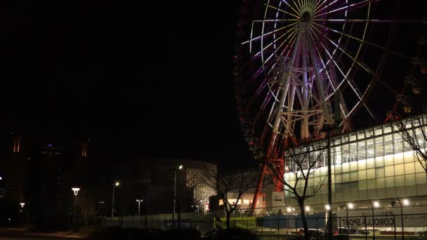 Колесо обозрения в парке аттракционов ночью в Одайбе — стоковое видео