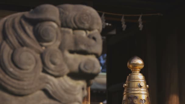 Staty väktare hund Komainu på Igusa helgedom i Tokyo — Stockvideo