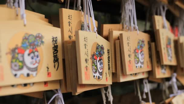 Tabletas votivas en el santuario hachiman de Oomiya en Tokio — Vídeo de stock