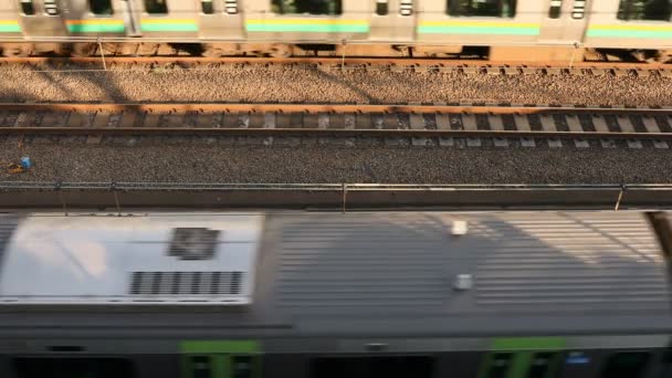 Vorbeifahrender Zug auf der Bahn in Tokio bei Tageslicht von oben. — Stockvideo