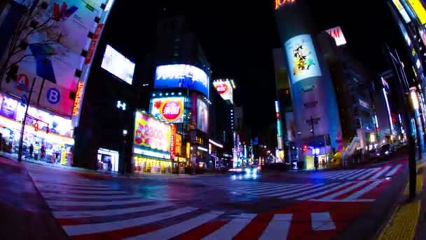 시부야 도쿄 와이드 샷의 네온 마을에서 야간 경과 횡단 — 비디오