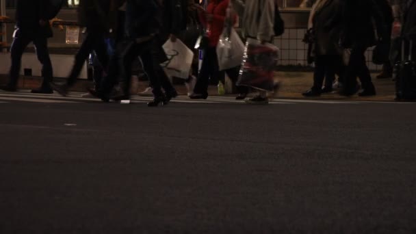 Shibuya geçidinde yürüyen insanların vücut parçaları gece — Stok video