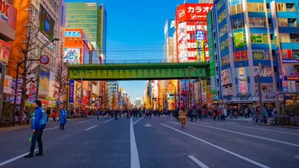 А таймце в центрі міста в електричній містечку Акіхабара Tokyo денний широкий постріл — стокове відео