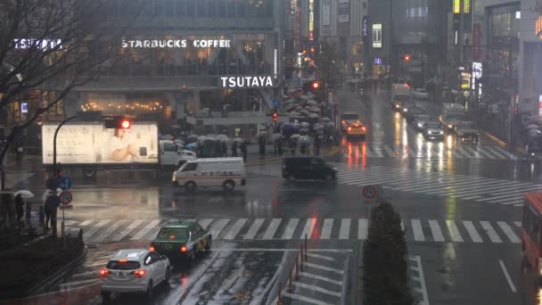 Walking emberek a Shibuya átkelés Tokióban esős napon nagy látószögű — Stock videók