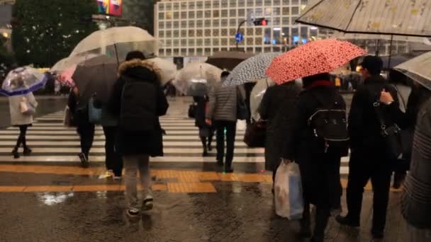 Tokyo yağmurlu bir günde Shibuya geçişinde yürüyüş insanlar — Stok video