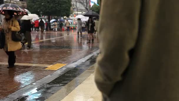 Walking emberek a Shibuya átkelés Tokió esős napon — Stock videók