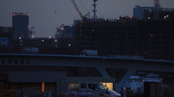 Grues en construction à Tokyo plan d'ensemble la nuit — Video