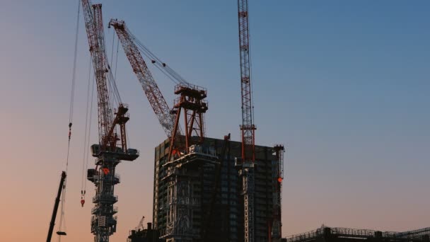 Grúas en construcción en Tokio tiro ancho al atardecer — Vídeos de Stock
