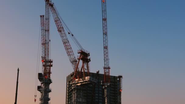 Grúas en construcción en Tokio tiro ancho al atardecer — Vídeos de Stock