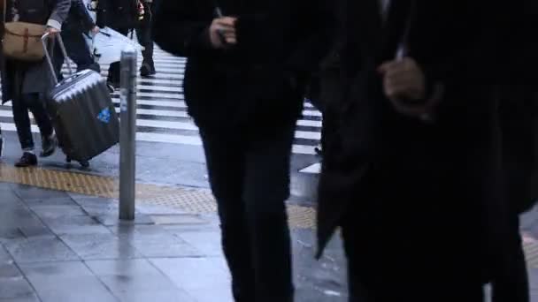 Άτομα με βόλτες στα μέρη του σώματος στο πέρασμα στη βροχερή μέρα του Τόκιο — Αρχείο Βίντεο