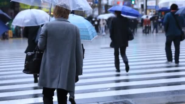 Parties du corps des personnes qui marchent au croisement à Shinjuku Tokyo jour de pluie — Video