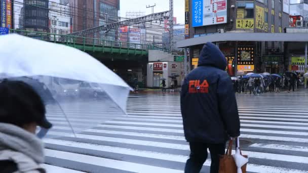 Прогулка части тела людей на переходе в Shinjuku Токио дождливый день — стоковое видео