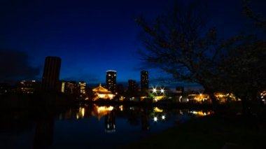 Ueno Tokyo geniş atış geleneksel parkta gölet yakınında gün batımı bir timelapse