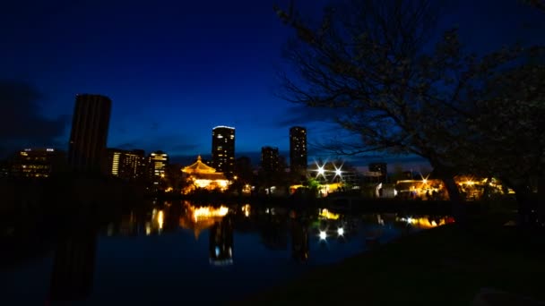 Zeitraffer des Sonnenuntergangs in der Nähe des Teiches im traditionellen Park in Ueno Tokyo Weitwinkel — Stockvideo