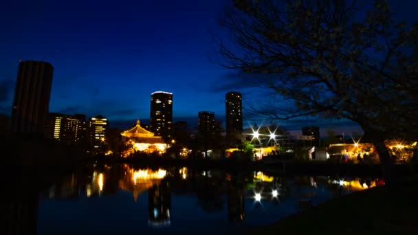 Zeitraffer des Sonnenuntergangs in der Nähe des Teiches im traditionellen Park in Ueno Tokyo Weitwinkel — Stockvideo